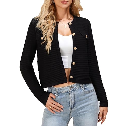 GRACE KARIN Damen 2024 Einfarbige Strickjacke Rundhals-Cardigan Langarm Casual Arbeit-Jacke Elegant Business Shrug Hochzeit Outfit Schwarz XL von GRACE KARIN