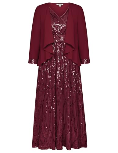 GRACE KARIN Damen 2024 Elegant Glitzer Chiffon Kleid Pailletten 2 Set Ballkleid Vintage 70er Ärmellos Cocktailkleid -Line Maxi Abendkleid Ball Party Weinrot 48 von GRACE KARIN