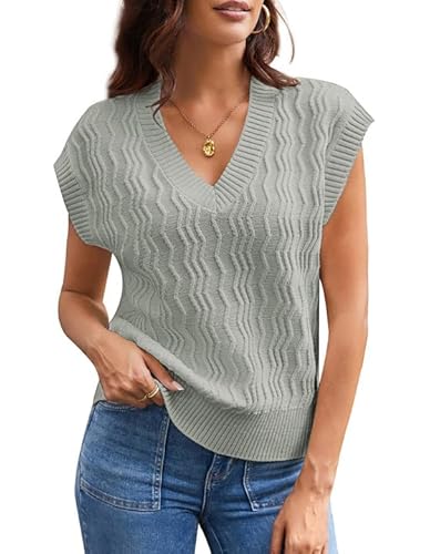 GRACE KARIN Damen 2024 Klassischer Pullover Weste Pullover Weste Strickweste Oversize Pullover Silbergrau L von GRACE KARIN