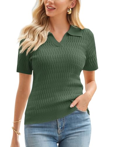 GRACE KARIN Damen 2024 Sommer Kurzarm Pullover V-Ausschnitt Kragen Pullover Sweater Tops Leicht Strick Poloshirt, Grün , Mittel GRACE KARIN Damen 2024 Sommer Kurzarm Pullover V-Ausschnitt Kragen Pullover Sweater Tops Leicht Strick Poloshirt, Grün , Mittel von GRACE KARIN
