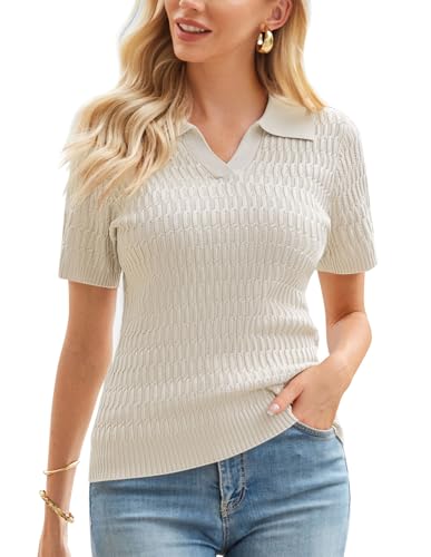 GRACE KARIN Kurzärmeliger Damen-Sommer-Pullover mit V-Ausschnitt, Kragen, Pullover, Tops, leichtes Strick-Poloshirt, Light Apricot, Mittel GRACE KARIN Kurzärmeliger Damen-Sommer-Pullover mit V-Ausschnitt, Kragen, Pullover, Tops, leichtes Strick-Poloshirt, Light Apricot, Mittel von GRACE KARIN