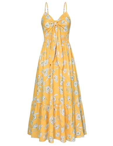 GRACE KARIN Damen 2024 Sommer Strandkleid Floral V Ausschnitt Tie Front Spaghettiträger Flowy Langes Kleid Boho Maxikleid, Gelb Weiß Blumen, Mittel von GRACE KARIN