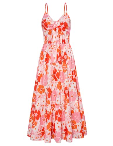 GRACE KARIN Damen 2024 Sommer Strandkleid Floral V Ausschnitt Tie Front Spaghettiträger Flowy Langes Kleid Boho Maxikleid, Orange / Rosa Blumenmuster, Mittel von GRACE KARIN