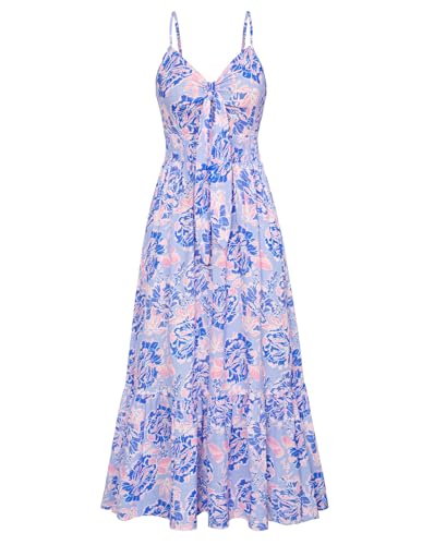 GRACE KARIN Damen 2024 Sommer Strandkleid Floral V Ausschnitt Tie Front Spaghettiträger Flowy Langes Kleid Boho Maxikleid, Violett mit Blumenmuster, XX-Large von GRACE KARIN