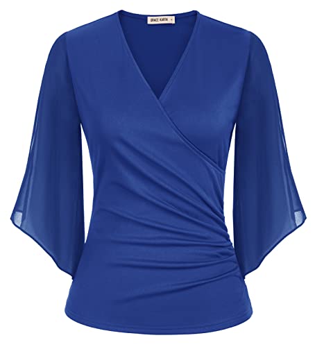 GRACE KARIN Damen 2025 Chiffon Bluse Casual Langarmshirt Slim FIit Wickelbluse Festliche Cocktail Party Oberteile Königsblau-2 M von GRACE KARIN