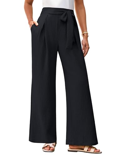 Damen 2025 Sommer Freizeithose Lockere Gerade Hohe Taillen Palazzo mit Band Oversized Dünne Hose Schwarz XXL von GRACE KARIN