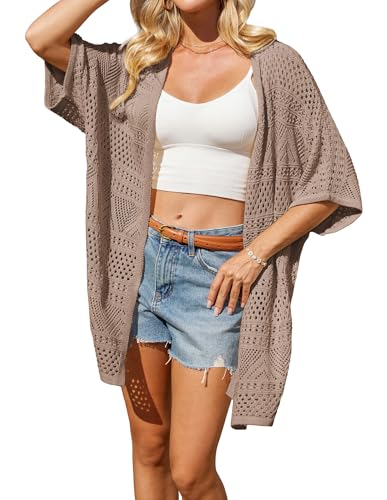 Damen 2025 Sommer Kurzarm Häkel Strickajcke Lässige Offene Front Strand Kimono Cover Ups Lockere Hohl Aus Cardigan für Frauen Khaki S von GRACE KARIN