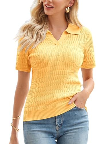 GRACE KARIN Damen 2025 Sommer Kurzarm Pullover V-Ausschnitt Kragen Pullover Sweater Tops Leichtes Strick-Poloshirt, Hellgelb, Mittel von GRACE KARIN