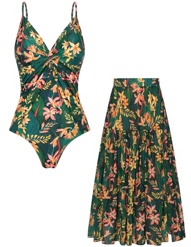 GRACE KARIN Damen 2Pcs Set Badeanzug Straps Strandbadeanzug Zweiteiliger Badeanzug mit V Ausschnitt Einteilige Badeanzug Monokini Grün XXL von GRACE KARIN