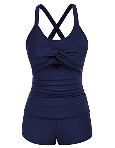 GRACE KARIN Damen 2pcs Swimsuit Tankini-Badeanzüge 2-teilig Gekreuzte Rücken Badeanzüge Navy Blau L S von GRACE KARIN