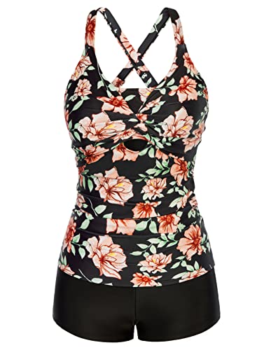 GRACE KARIN Damen 2pcs Swimsuit Tankini-Badeanzüge 2-teilig Gekreuzte Rücken Badeanzüge Set Push up bademode Damen Swimsuit Orangene Blume L S von GRACE KARIN