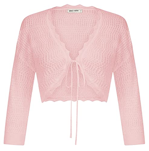 GRACE KARIN Damen 3/4 Ärmel Bolero Shrug Leichte Offene Vorderseite Cropped Cardigan Strick Shrugs für Kleider, Pink, Klein von GRACE KARIN