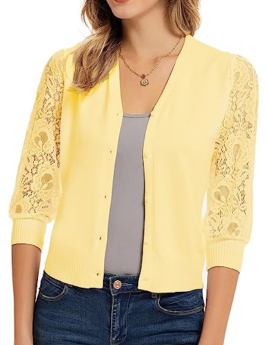 GRACE KARIN Damen 3/4 Ärmel Cardigan Button-up Knitwear V-Ausschnitt Strickjacke XL Hellgelb CL2067A22-03 von GRACE KARIN