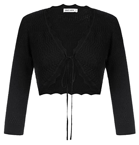 GRACE KARIN Damen 3/4 Ärmel Cropped Cardigan Pullover Elegant Crochet Knit Bolero Shrugs für Frauen Kleider, Schwarz, X-Groß von GRACE KARIN