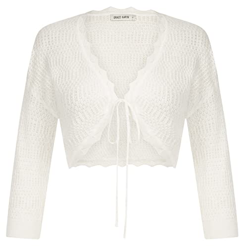 GRACE KARIN Damen 3/4 Ärmel Cropped Cardigan Pullover Elegant Crochet Knit Bolero Shrugs für Frauen Kleider, Weiss/opulenter Garten, X-Groß von GRACE KARIN