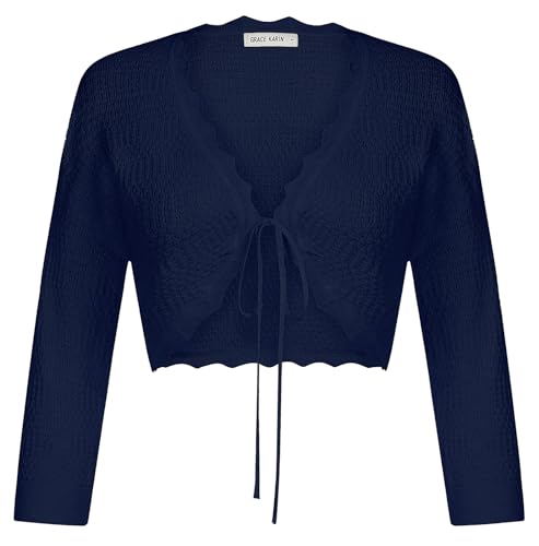 GRACE KARIN Damen 3/4 Ärmel Leichter Open Front Strickjacke Bolero Cropped Cardigan Kurz Shrug Bolero für Kleider Tops Dunkelblau M von GRACE KARIN