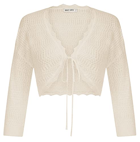 GRACE KARIN Damen 3/4 Ärmel Leichter Open Front Strickjacke Bolero Cropped Cardigan Kurz Shrug Bolero für Kleider Tops M Elfenbeinweiß CL1887S23-05 von GRACE KARIN