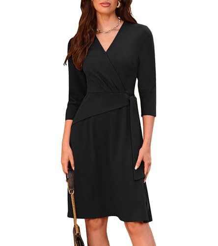 GRACE KARIN Damen 3/4 Ärmel Midikleid Wickelkleid V-Ausschnitt Strickkleid für Herbst Taillenband Schwarz XL von GRACE KARIN