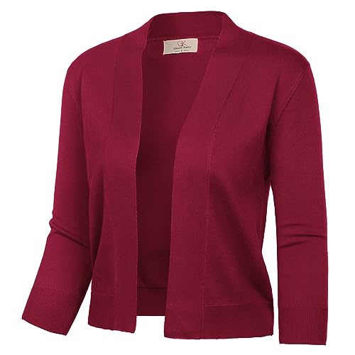 GRACE KARIN Damen 3/4 Ärmel Strick Cropped Cardigan Pullover vorne offen Bolero Shrugs Mantel Tops S-3XL, Burgunder, X-Groß von GRACE KARIN