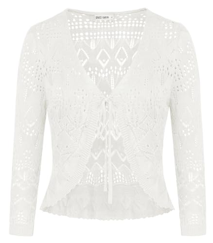 GRACE KARIN Damen 3/4 Ärmel V-Ausschnitt Bolero Strickjacke Leichter Casual Cardigan Kurz Shrug Tie-Front Knitwear Bolero für Kleider Tops M Weiß CL2952S24-02 von GRACE KARIN