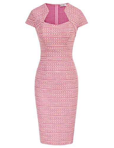 GRACE KARIN Damen 50er Jahre Sexy Bodycon Kleid Flügelärmel Bleistiftkleid, Rosa (kariert), Groß von GRACE KARIN