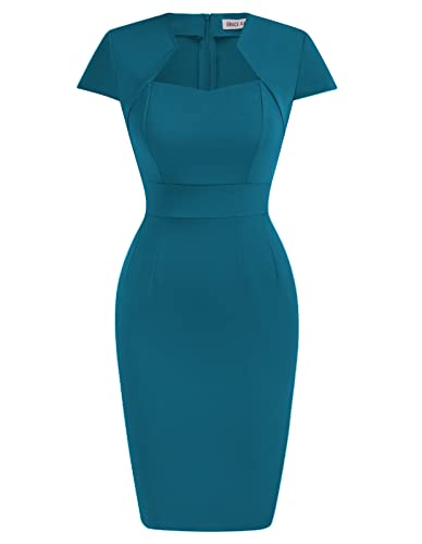 GRACE KARIN Damen 50er Jahre Vintage Bleistiftkleid Flügelärmel Wackelkleid CL7597, blau - peacock blue, Klein von GRACE KARIN