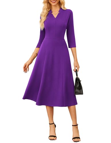 GRACE KARIN Damen A-Linie 3/4 Ärmel Arbeitkleid V-Ausschnitt Midi Freizeitkleid Violett XL von GRACE KARIN