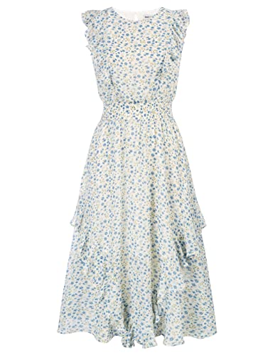 GRACE KARIN Damen A-Linie Blumenkleid Elegant Rund-Ausschnitt Ärmellos Sommerkleid mit Rüschen, Farbe: Blaue Blumen auf Weiß, Größe: M von GRACE KARIN