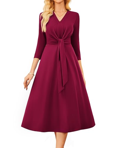 GRACE KARIN Damen A-Linie Bürokleid Elegant V-Ausschnitt 3/4 Ärmel Midikleid mit Taschen Dunkelrot 2XL von GRACE KARIN