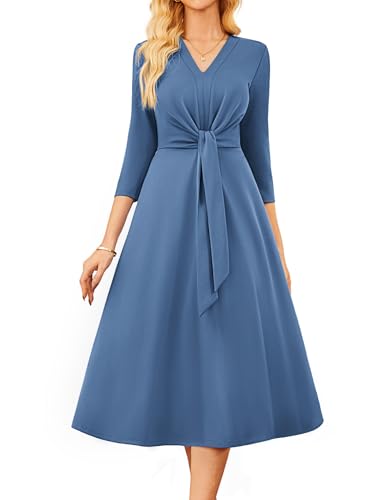 GRACE KARIN Damen A-Linie Bürokleid Elegant V-Ausschnitt 3/4 Ärmel Midikleid mit Taschen Graublau 2XL von GRACE KARIN