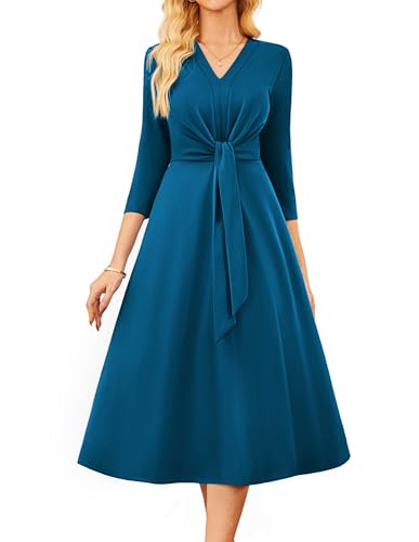 GRACE KARIN Damen A-Linie Bürokleid Elegant V-Ausschnitt 3/4 Ärmel Midikleid mit Taschen Pfauenblau 2XL von GRACE KARIN