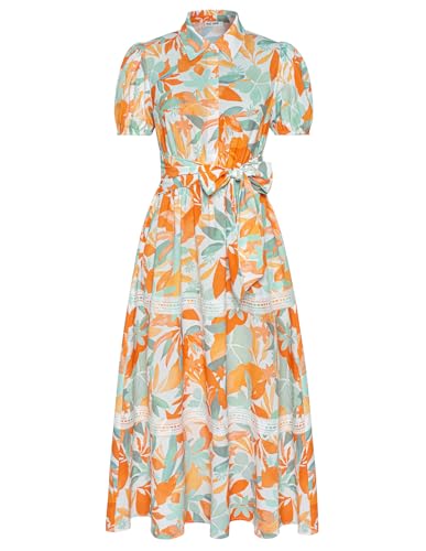 GRACE KARIN Damen A-Linie Dünne Kurzarm Partykleid Elegant V-Ausschnitt Boho Maxi Kleid Langes Swing Blumenkleid Gelbe Blätter-Weiß XXL von GRACE KARIN