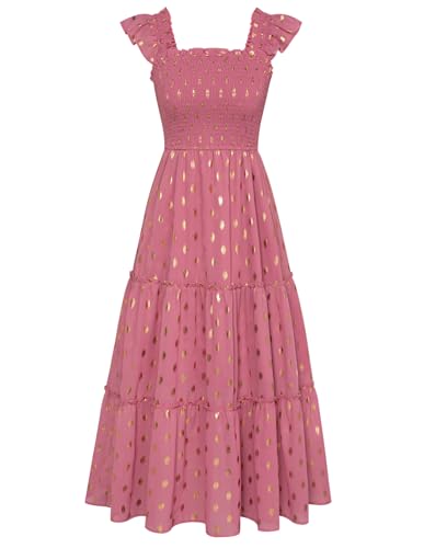 GRACE KARIN Damen A-Linie Freizeitkleid Sommer Leicht Flatterärmel Strandkleid Elegant Lässig Maxikleid Rosa 2XL von GRACE KARIN