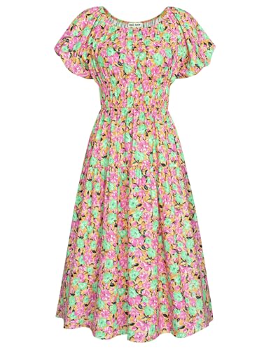GRACE KARIN Damen A-Linie Kleid Off Shoulder Laterne Kurze Ärmel Blumenmuster Elastische Taille Freizeitkleid Boho Strand Midikleid mit Taschen Gelb-rosa grüne dichte Blumen L von GRACE KARIN
