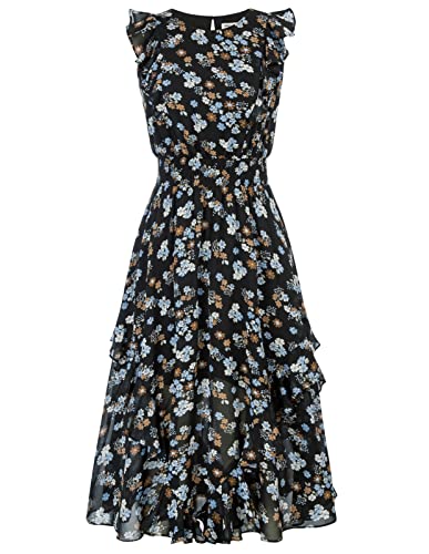 GRACE KARIN Damen A-Linie Strandkleid Elegant Rund-Ausschnitt Ärmellos Sommerkleid mit Rüschen, Farbe: Blaue Blumen auf Schwarz, Größe: M von GRACE KARIN