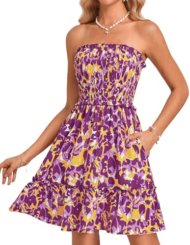 GRACE KARIN Damen A-Linien Blumenkleid Sommer Casual Röhnrenoberteil Strandkleid Freizeitkleid Gelb-Lila Blumen XL von GRACE KARIN