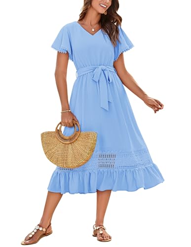 GRACE KARIN Damen A-Linien Freizeit Cocktailkleid Elegante Midilänge mit Halbarm aus Seide mit Gürtel XL Himmelblau von GRACE KARIN