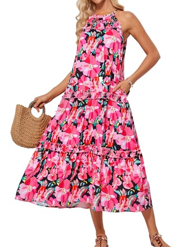 GRACE KARIN Damen Neckholder Bohemian Strandkleid Sommerkleid Freizeitkleid Rosa S von GRACE KARIN