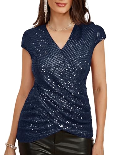 GRACE KARIN Damen Ärmellos Pailletten T-Shirt Party Glitzer V-Neck Oberteil Festliche Blusen Dunkelblau M von GRACE KARIN