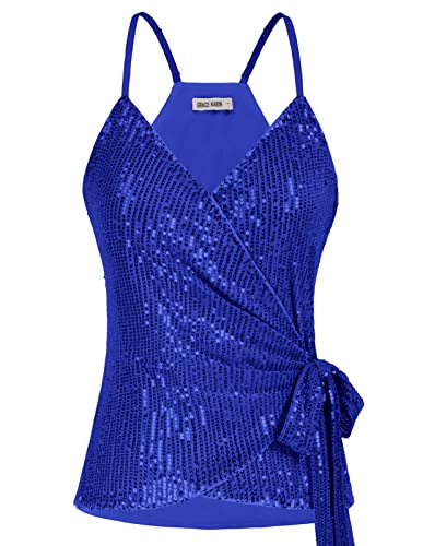 GRACE KARIN Damen Ärmellos Spaghettitops Pailletten Weste Trägertop Glänzend V-Ausschnitt Tanz Schirt zum Schnüren, Farbe: Blau, Size M von GRACE KARIN