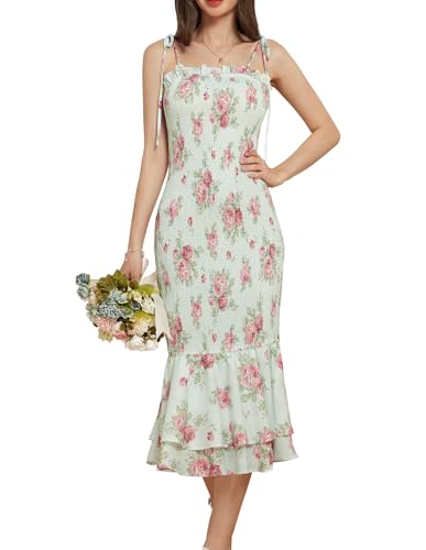 GRACE KARIN Damen Ärmellos Strapskleid Elegantes Bodycon Fischschwanzkleid Grün-Rosa Blume L von GRACE KARIN