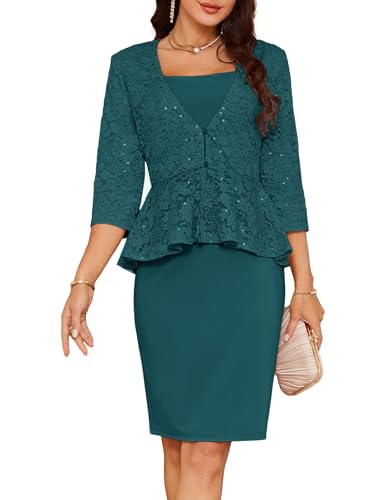 GRACE KARIN Damen Ärmellose Bodycon Kleid Elegant Kleid Suit Etuikleid Business Outfit Slim Fit 3/4 Ärmel Bluse Blazer Coat XL Blau Grün CL3023S24-02 von GRACE KARIN