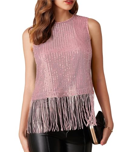 GRACE KARIN Damen Ärmellose Pailletten Oberteil Mit Fransen Glitzer Party Outfit Rosa XXL von GRACE KARIN