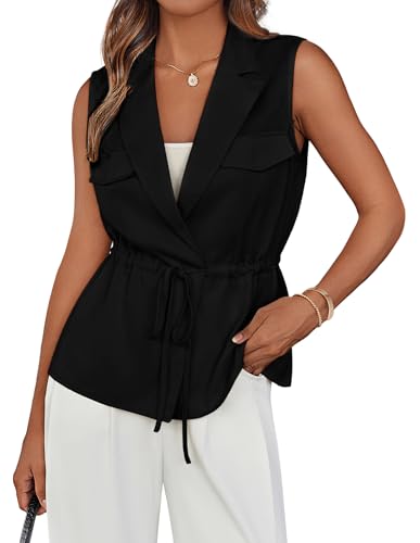 GRACE KARIN Damen Elegant Anzugweste Business Open Front Kordelzug Tunika Westen XL Schwarz von GRACE KARIN