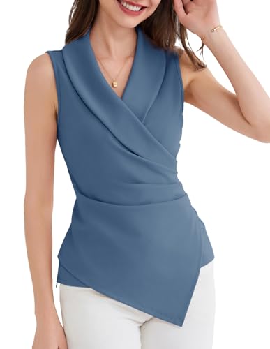 Oberteile Damen Sommer Elegant Tank Tops V-Ausschnitt Business Outfit Ärmellos Wickelbluse Basic Grau Blau XL von GRACE KARIN