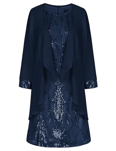 GRACE KARIN Damen Ärmelloses Funkelnde Glitzer-Pailletten Sommerkleid mit Rundhalsfallausschnitt 2er Set Retro Abendkleid für Party Cocktail Navy Blau XL von GRACE KARIN