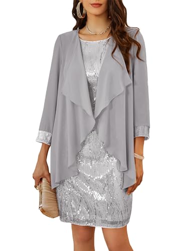 GRACE KARIN Damen Ärmelloses Funkelnde Glitzer-Pailletten Sommerkleid mit Rundhalsfallausschnitt 2er Set Retro Abendkleid für Party Cocktail Silber Weiß XL von GRACE KARIN