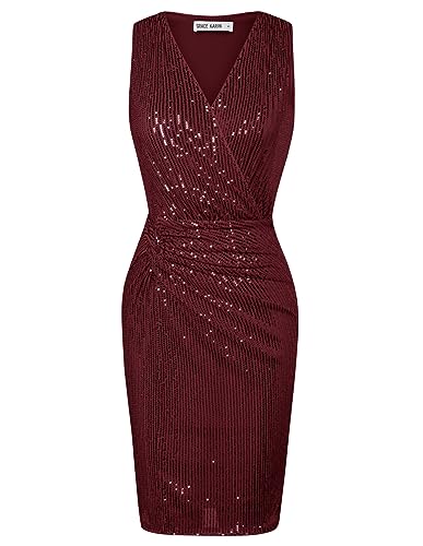 GRACE KARIN Damen Ärmelloses Spaghettiträger Pailletten Partykleid mit V-Ausschnitt Elegant Knielang Bodycon Glitzerkleid Rotwein XL von GRACE KARIN