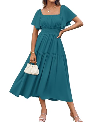 GRACE KARIN Damen Abendkleid Sommer Maxikleid Elastische Taille Kurze Ärmel A-Linie Kleid Pfauenblau 2XL von GRACE KARIN