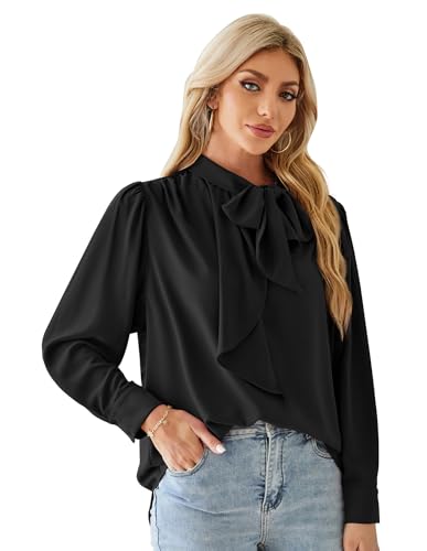 GRACE KARIN Damen Arbeit Büro Stehkrage Bluse Lockere Chiffon Langarm Oberteile Rüsche Hemd Pull on Bluse Casual Arbeit Büro Top 2XL Schwarz CLK105S24-03 von GRACE KARIN